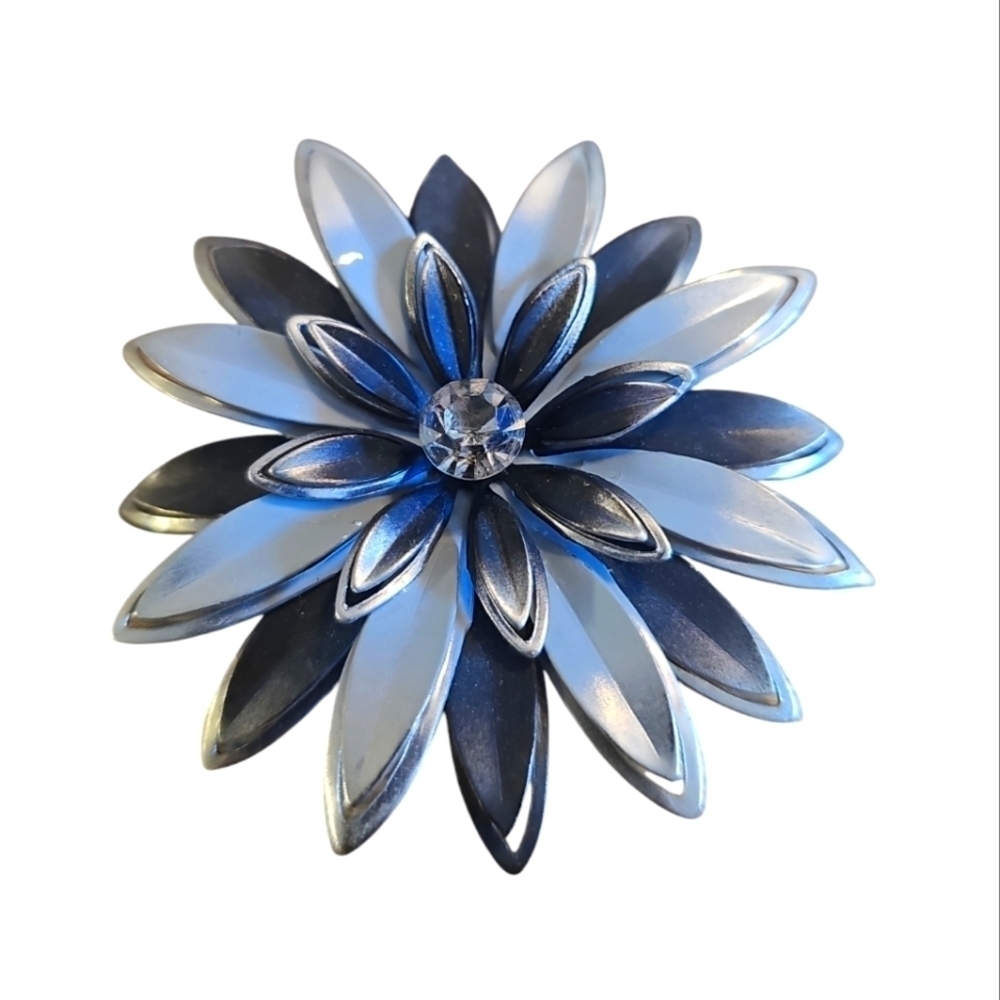 Vintage Two Silver and Black Layered Flower Brooch Jewelry 2.5”